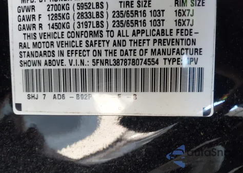 2007 Honda Odyssey Ex-L z USA, uszkodzony, nr VIN 5FNRL38787B074554